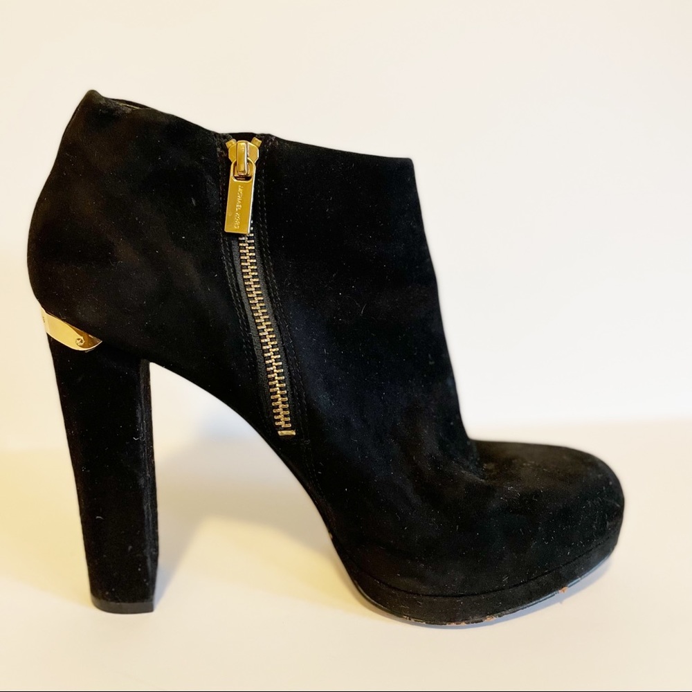 Michael Kors Black Suede Ankle Booties with Gold Zip Detail